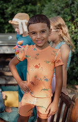 Unisex Short Sleeve Pyjamas - Orange Dino Dreamers set - Morning Marvels